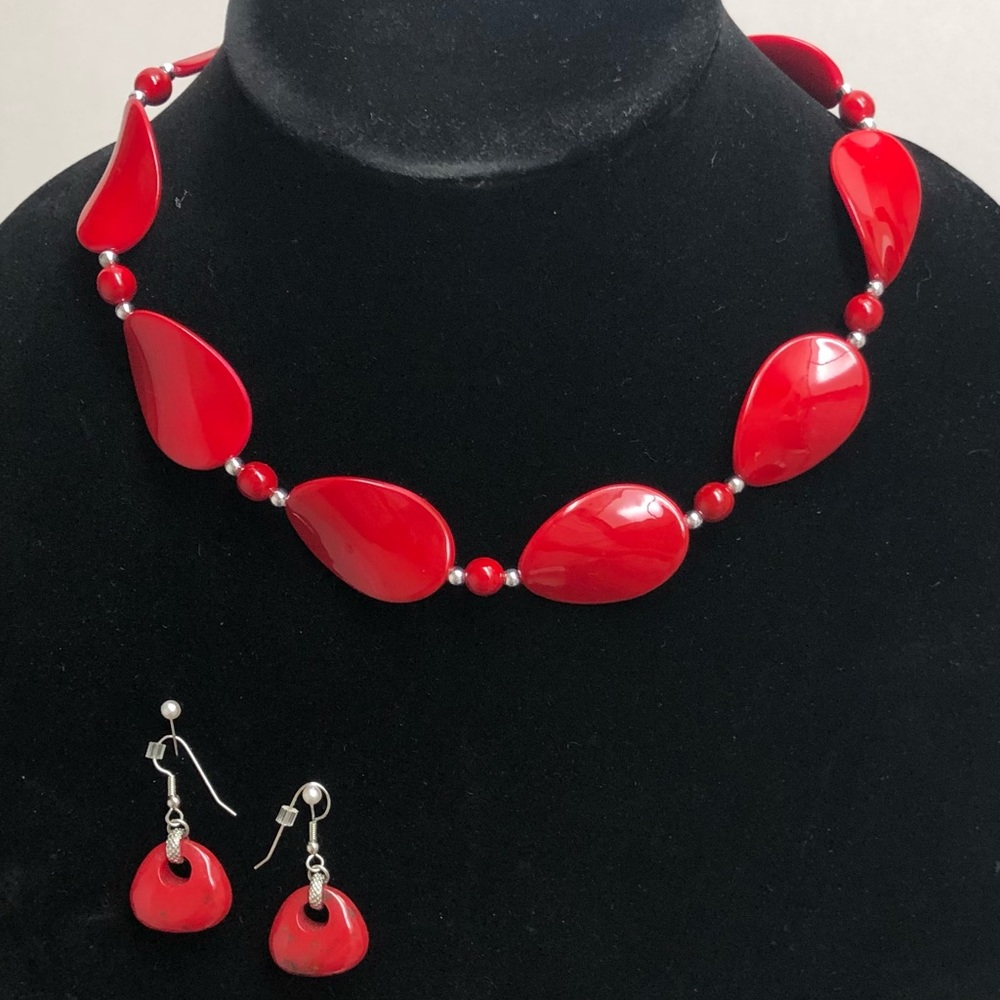 Vintage Red Turquoise Earrings & Red Flat Oval Silver Necklace 20”